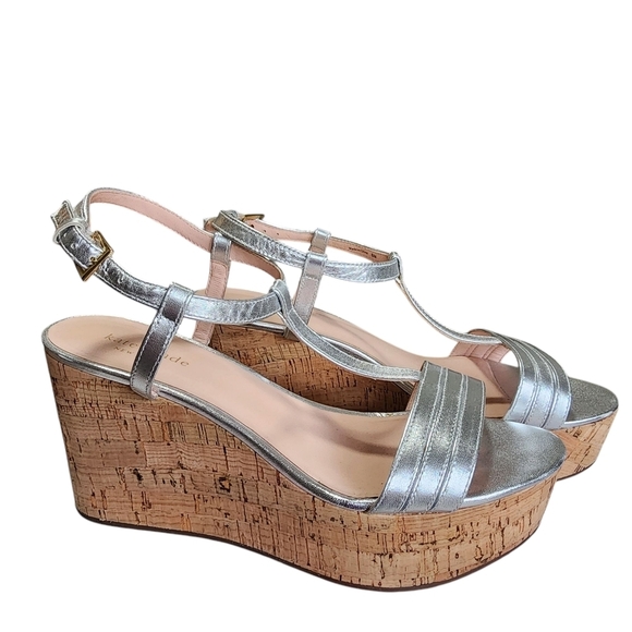 Kate Spade Metallic Silver Cork Wedge Sandals – Size 8M - Picture 3 of 11